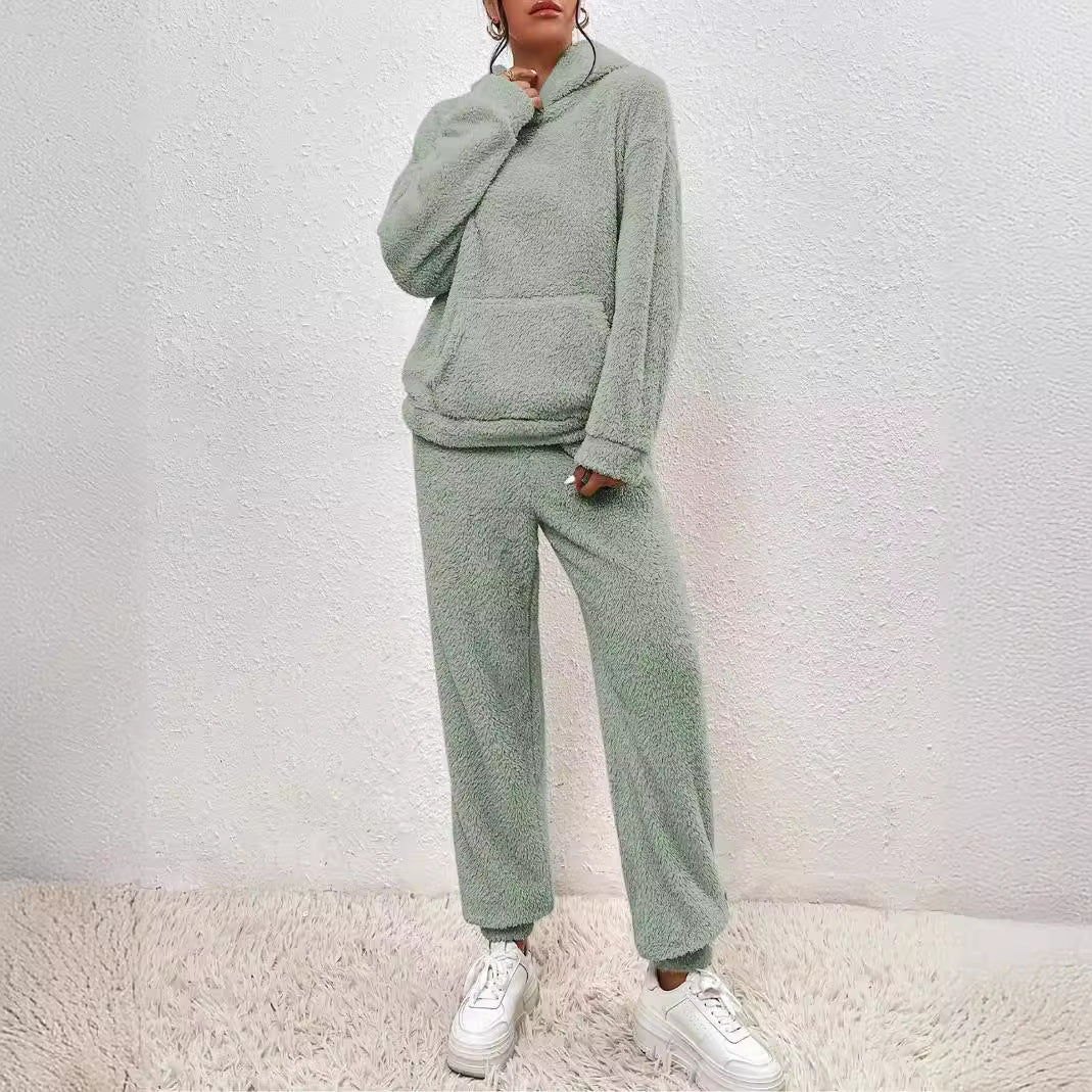 Damen nan kuscheliges Teddy-Fleece Hausanzug-Set mit Kapuze, Kängurutasche und elastischer Jogginghose Shop Nory