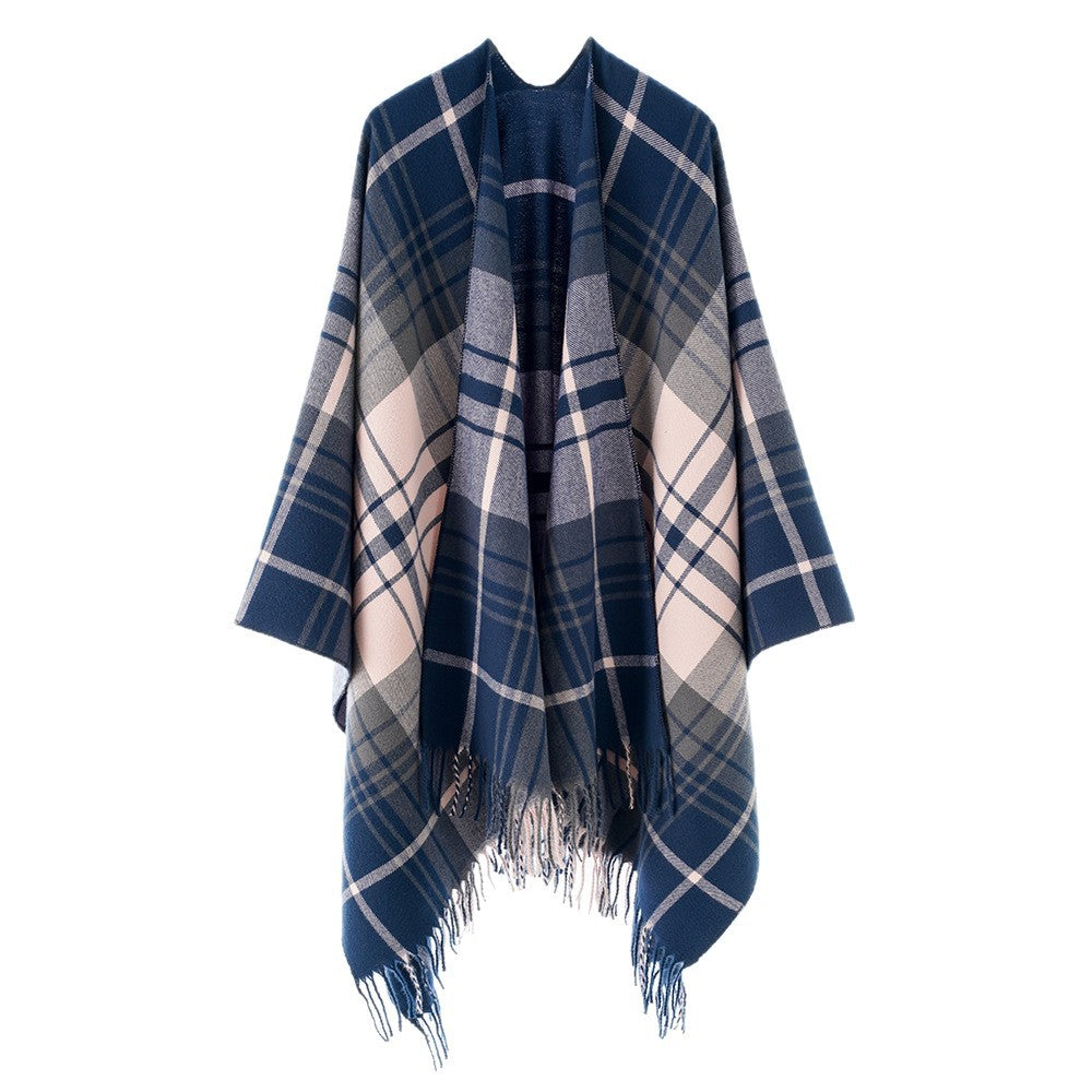 Damen Cape‑Poncho im Oversize‑Deckenstil mit tartanartigem Karomuster und Fransensaum Shop Nory