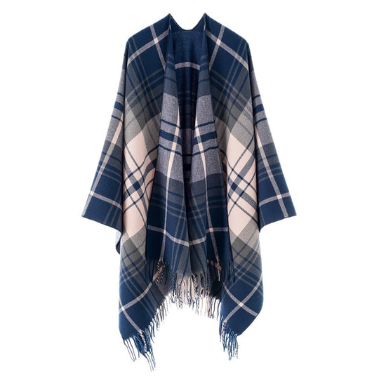 Damen Cape‑Poncho im Oversize‑Deckenstil mit tartanartigem Karomuster und Fransensaum Shop Nory