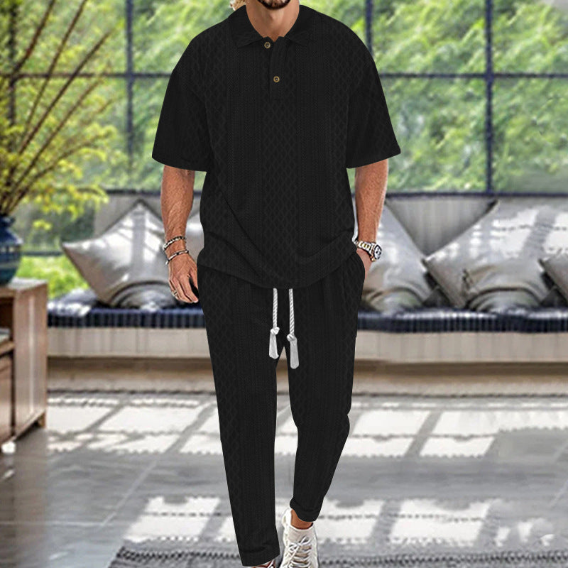 Herren gestricktes Freizeit-Set mit Polokragen und Tunnelzug-Jogginghose Shop Nory