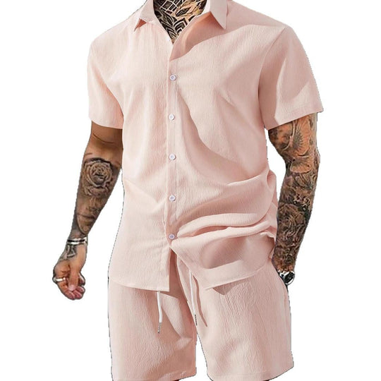 Herren lässiges Shorts-Set mit knöpfbarem Oberteil und elastischem Bund