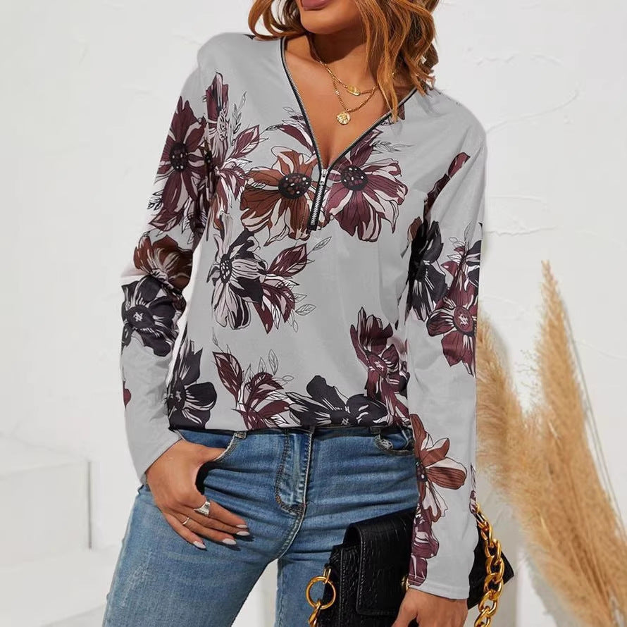 Damen Langarmshirt mit Reißverschluss V-Ausschnitt und großem Blumenmuster Shop Nory
