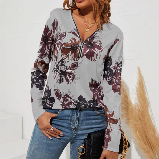 Damen Langarmshirt mit Reißverschluss V-Ausschnitt und großem Blumenmuster Shop Nory