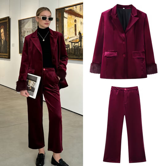 Damen Taillierter Samt-Blazer mit Kunstfellmanschetten und Pattentaschen Shop Nory