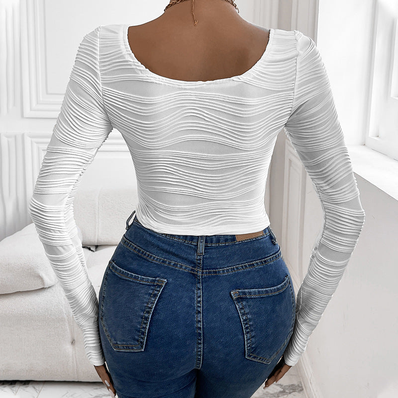 Damen Enganliegendes Struktur-Langarmshirt mit Wellenstruktur und U-Ausschnitt Shop Nory