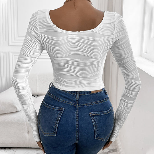 Damen Enganliegendes Struktur-Langarmshirt mit Wellenstruktur und U-Ausschnitt Shop Nory