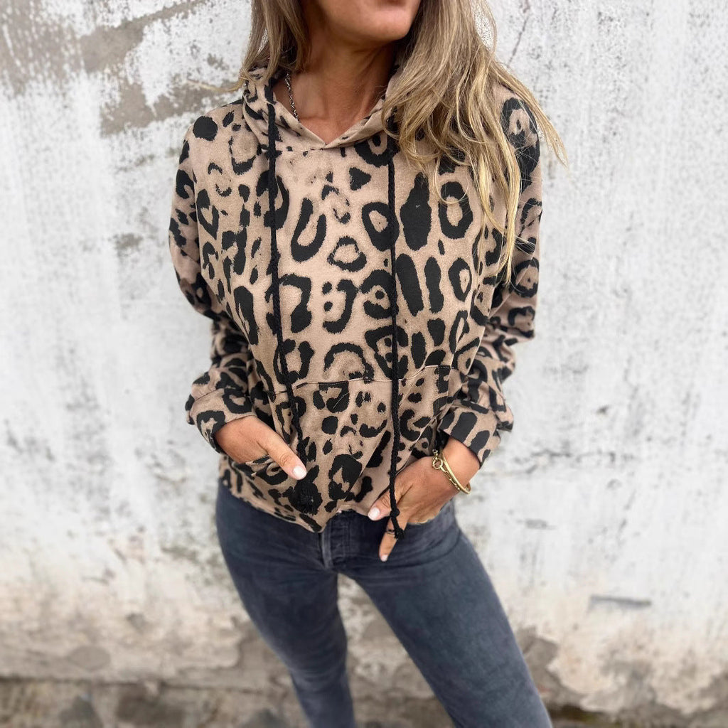 Damen Kapuzenpullover mit lässigem Leopardenmuster und praktischen Seitentaschen
