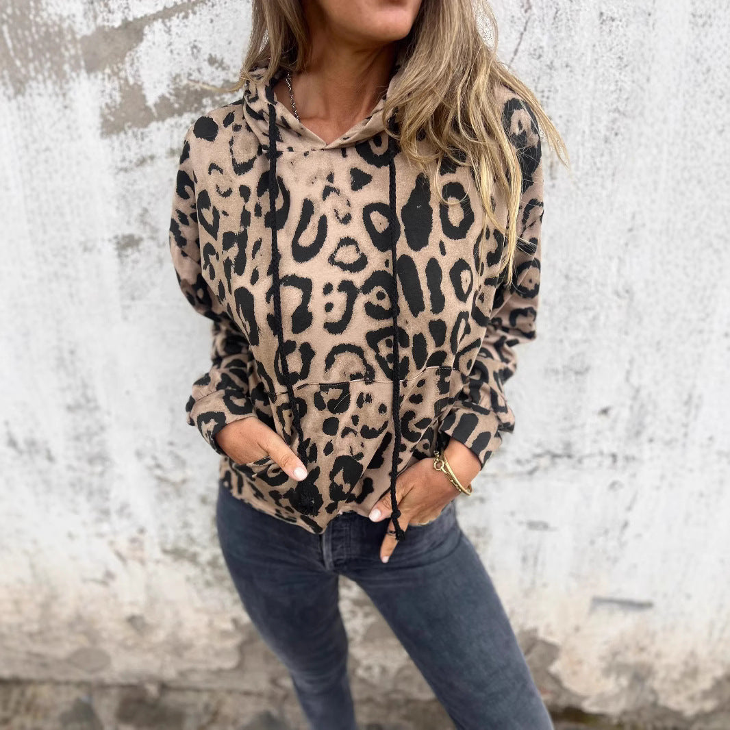 Damen Kapuzenpullover mit lässigem Leopardenmuster und praktischen Seitentaschen