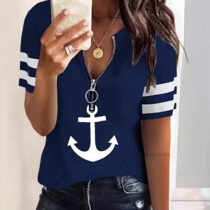 Damen Sportliches T-Shirt mit Reißverschluss und maritimen Motiven