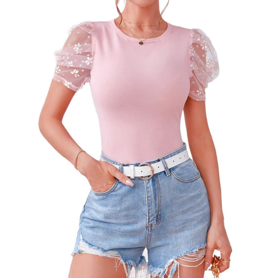 Damen Buntes T-Shirt mit Puffärmeln und Blumenmuster