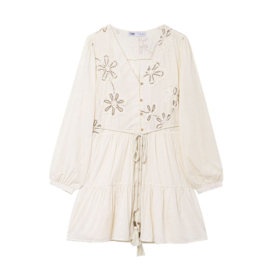 Damen Besticktes Boho-Kleid mit V-Ausschnitt Kordelzug und Stufenrock Shop Nory