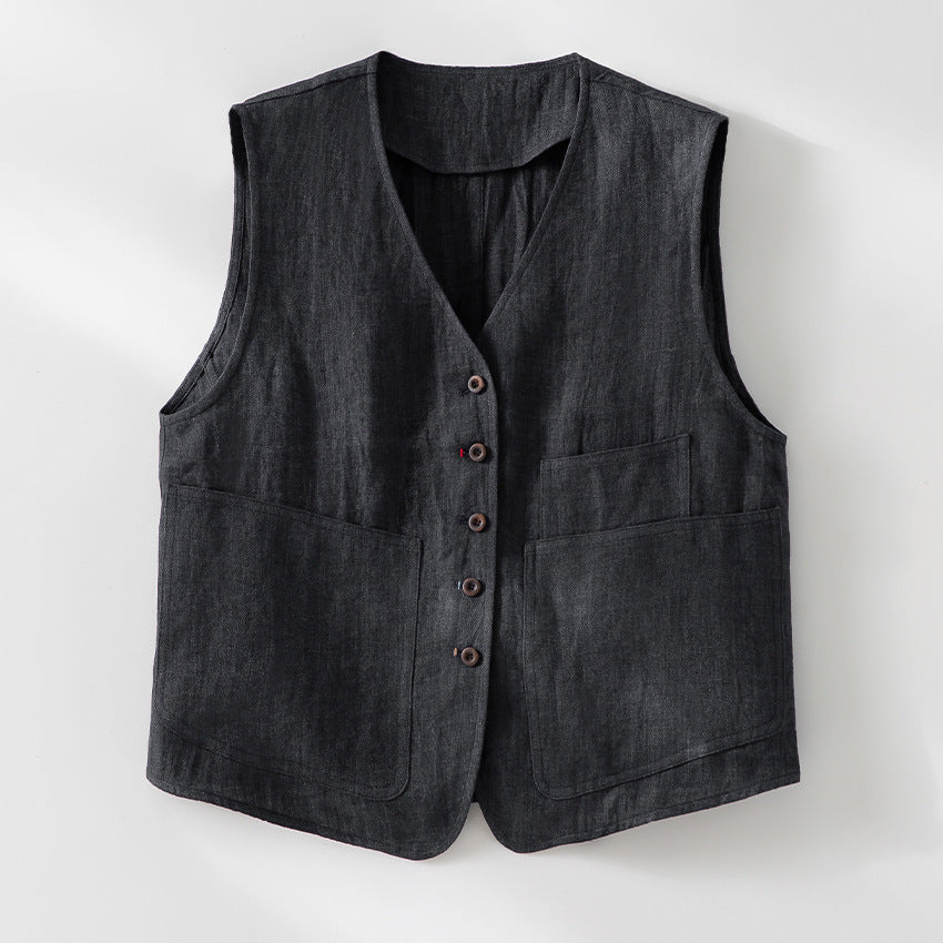 Damen Leinenweste mit V‑Ausschnitt, aufgesetzten Taschen und entspannter Passform Shop Nory