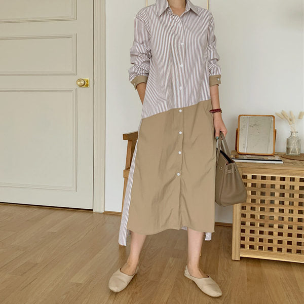 Damen Zweiteilig wirkendes Hemdkleid im Lagenlook mit Streifenpassé, kontrastiertem Rockteil und seitlichem Schlitz Shop Nory