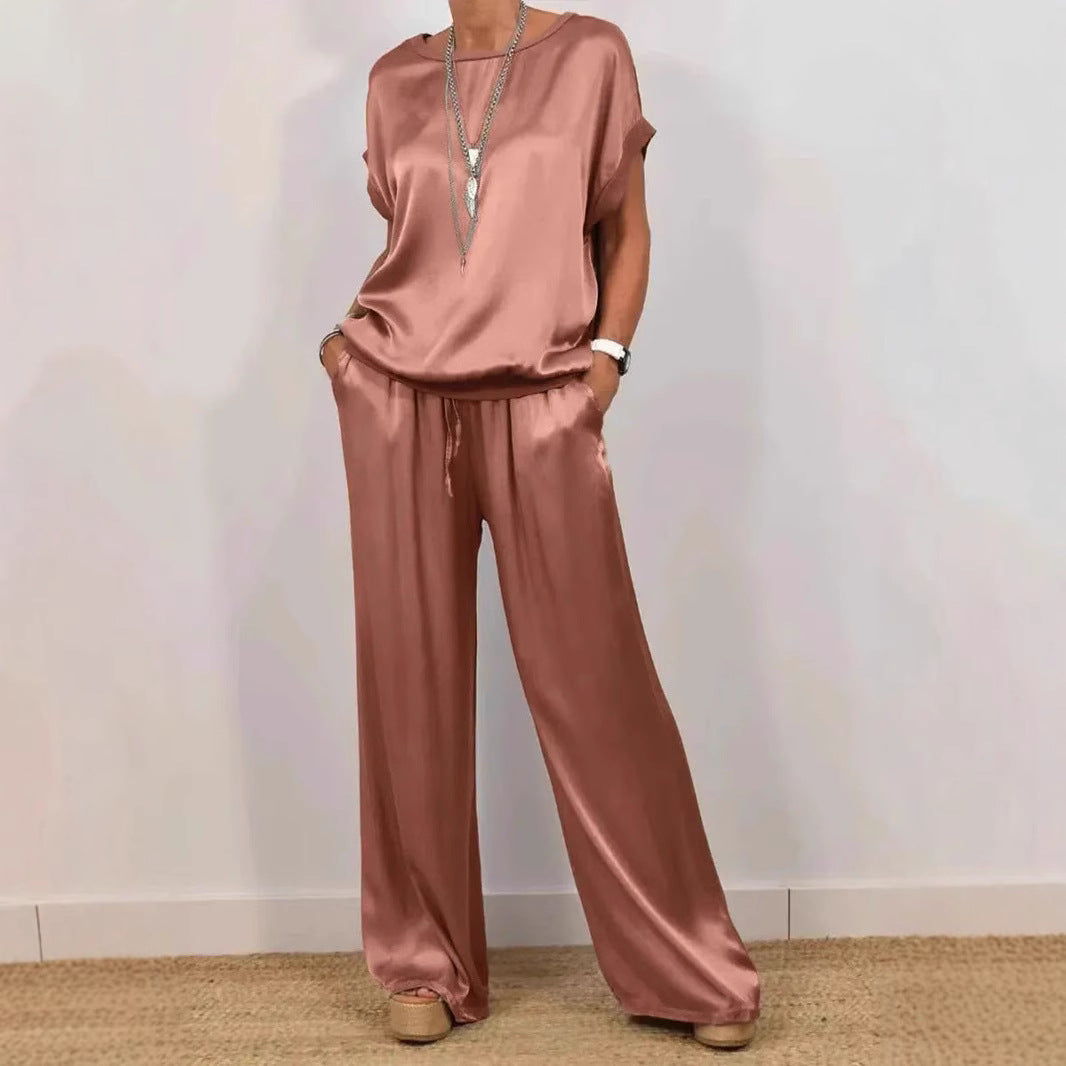 Damen Elegantes Satin Lounge-Set mit weitem Schnitt und lässigem Oberteil