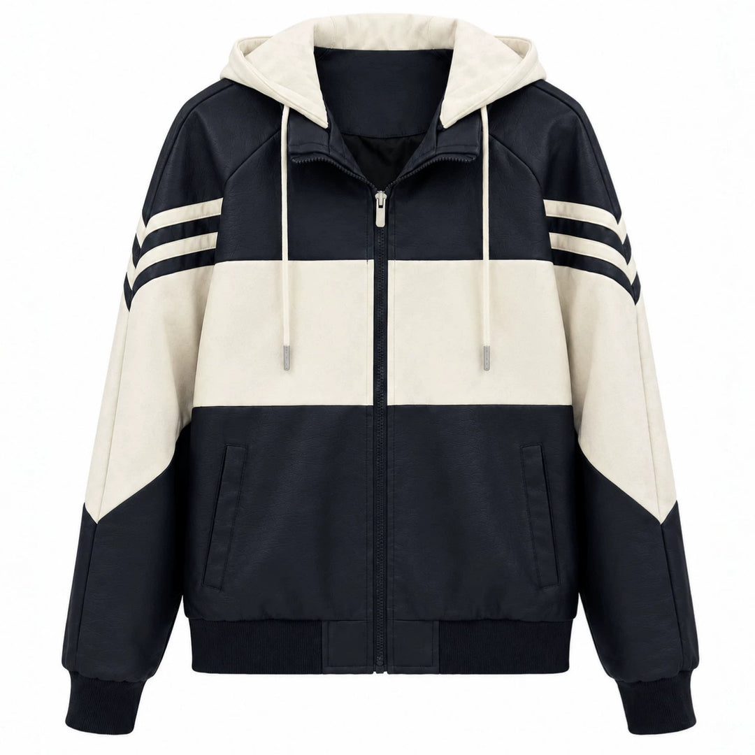 Herren Sportlicher Kapuzen‑Bomber mit Kunstlederoptik, Kontraststreifen und Reißverschluss Shop Nory