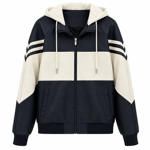 Herren Sportlicher Kapuzen‑Bomber mit Kunstlederoptik, Kontraststreifen und Reißverschluss Shop Nory