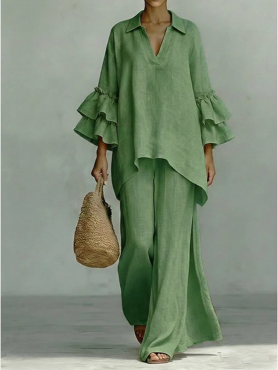 Damen Leinen-Loungewear-Set mit Volantärmeln und weitem Palazzo-Hose Shop Nory