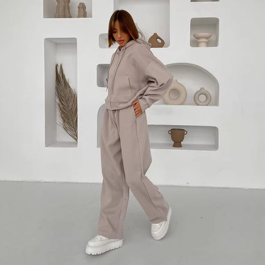 Damen lässiges Kapuzen-Sweatshirt mit Reißverschluss und weiten High-Waist Jogginghose Shop Nory