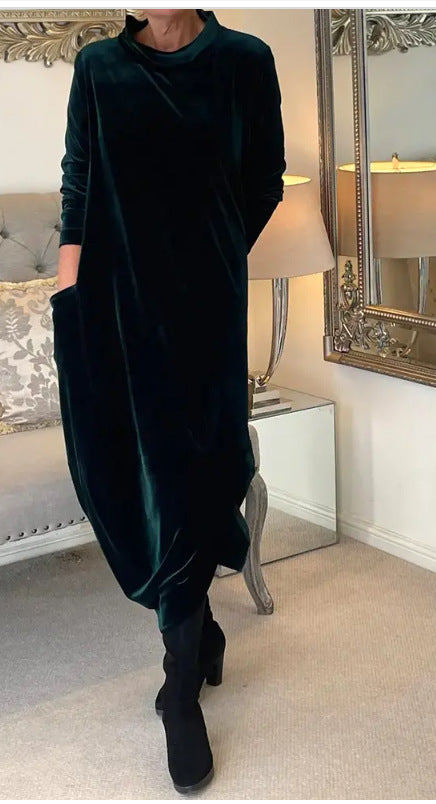 Damen Elegantes Samt Maxi Kleid mit Hohem Rollkragen, Seitentaschen und Lockere Silhouette Shop Nory