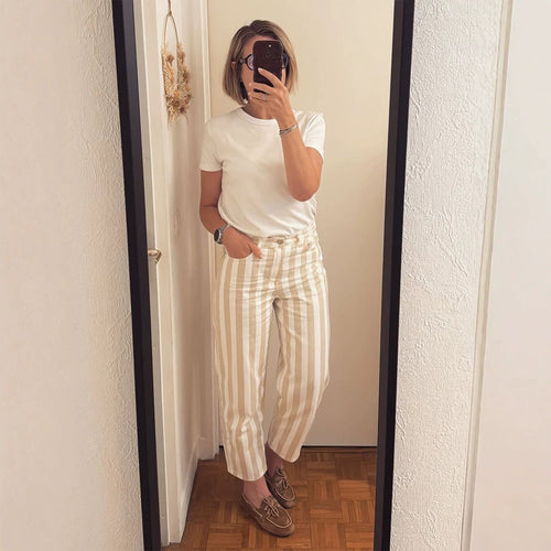 Damen Hochtaillierte gestreifte Leinenhose mit weitem Bein und Cropped-Länge Shop Nory