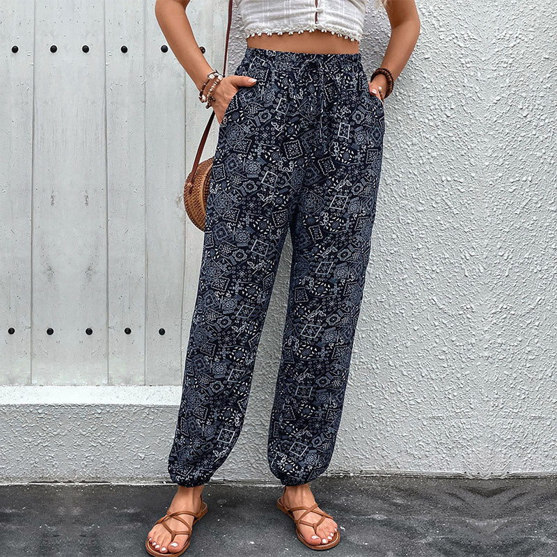 Damen Boho-Haremshose mit elastischem Taillenbund, Kordelzug und Seitentaschen Shop Nory