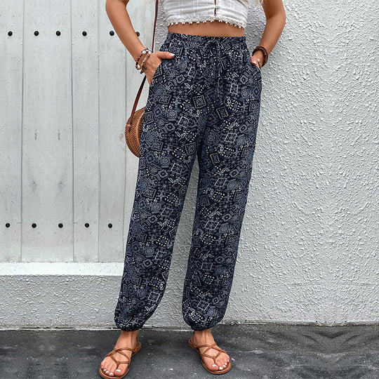 Damen Boho-Haremshose mit elastischem Taillenbund, Kordelzug und Seitentaschen Shop Nory