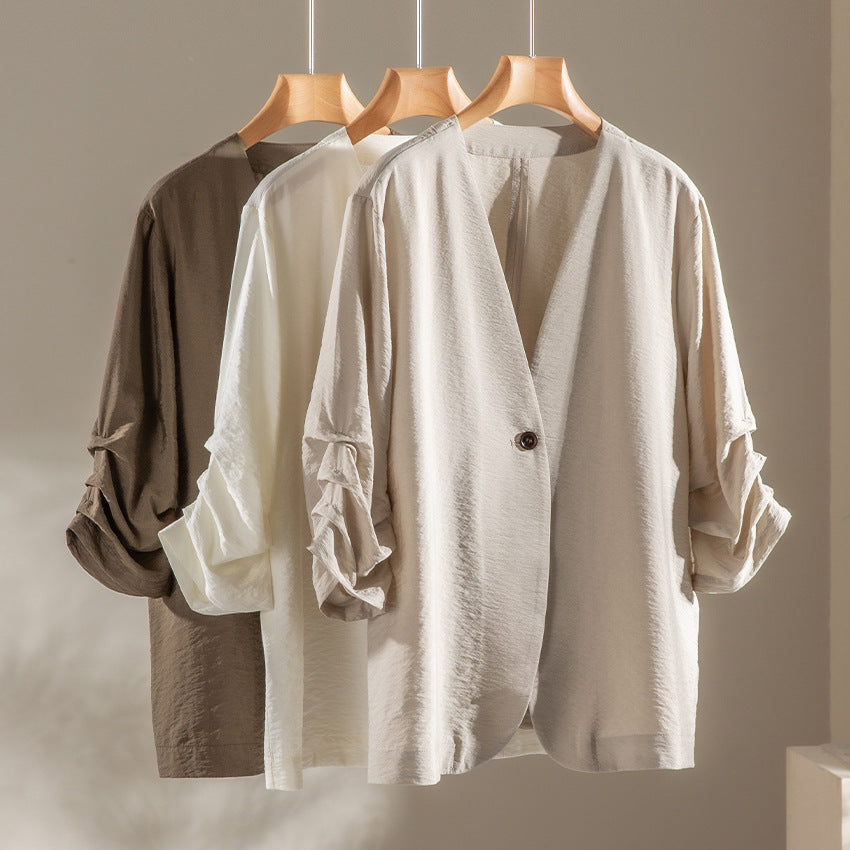 Damen Leichter Oversize-Blazer mit tiefem V-Ausschnitt und gekräuselten Ärmeln Shop Nory