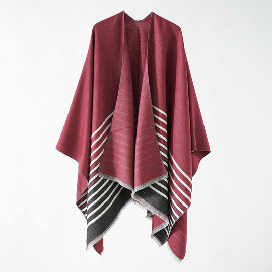 Damen Oversize-Ruana‑Überwurf aus Kaschmir‑Touch Wollmix mit Fransensaum und Streifendetail Shop Nory
