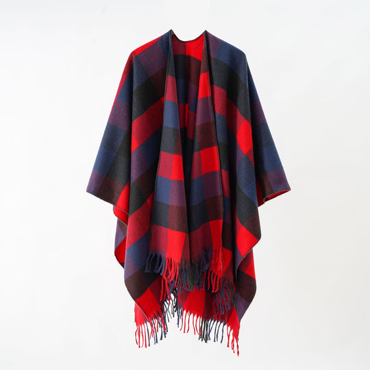 Damen Oversize-Wrapponcho aus Wollmix mit grafischem Rautenmuster und Fransensaum Shop Nory