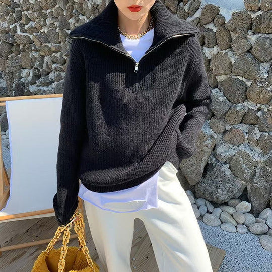 Damen Leichter Strickpullover mit hohem Kragen und Reißverschluss