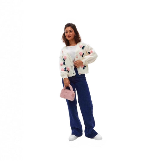 Damen Kuschelige Strickjacke mit Blumenapplikationen Shop Nory