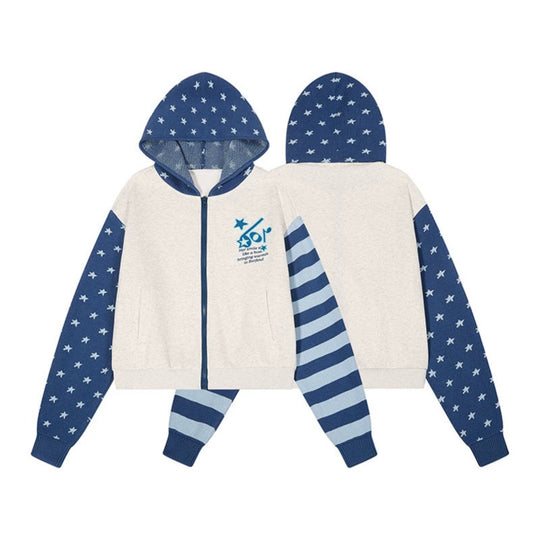 Damen Kurz geschnittene Kapuzen-Sweatjacke mit durchgehendem Reißverschluss, gemusterten Ärmeln und Sternmotiv Shop Nory