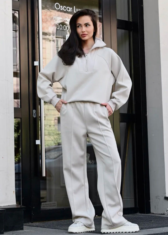 Damen Oversize-Halbreißverschluss-Sweatshirt mit weit geschnittener hochgeschnittener Palazzo-Hose Shop Nory