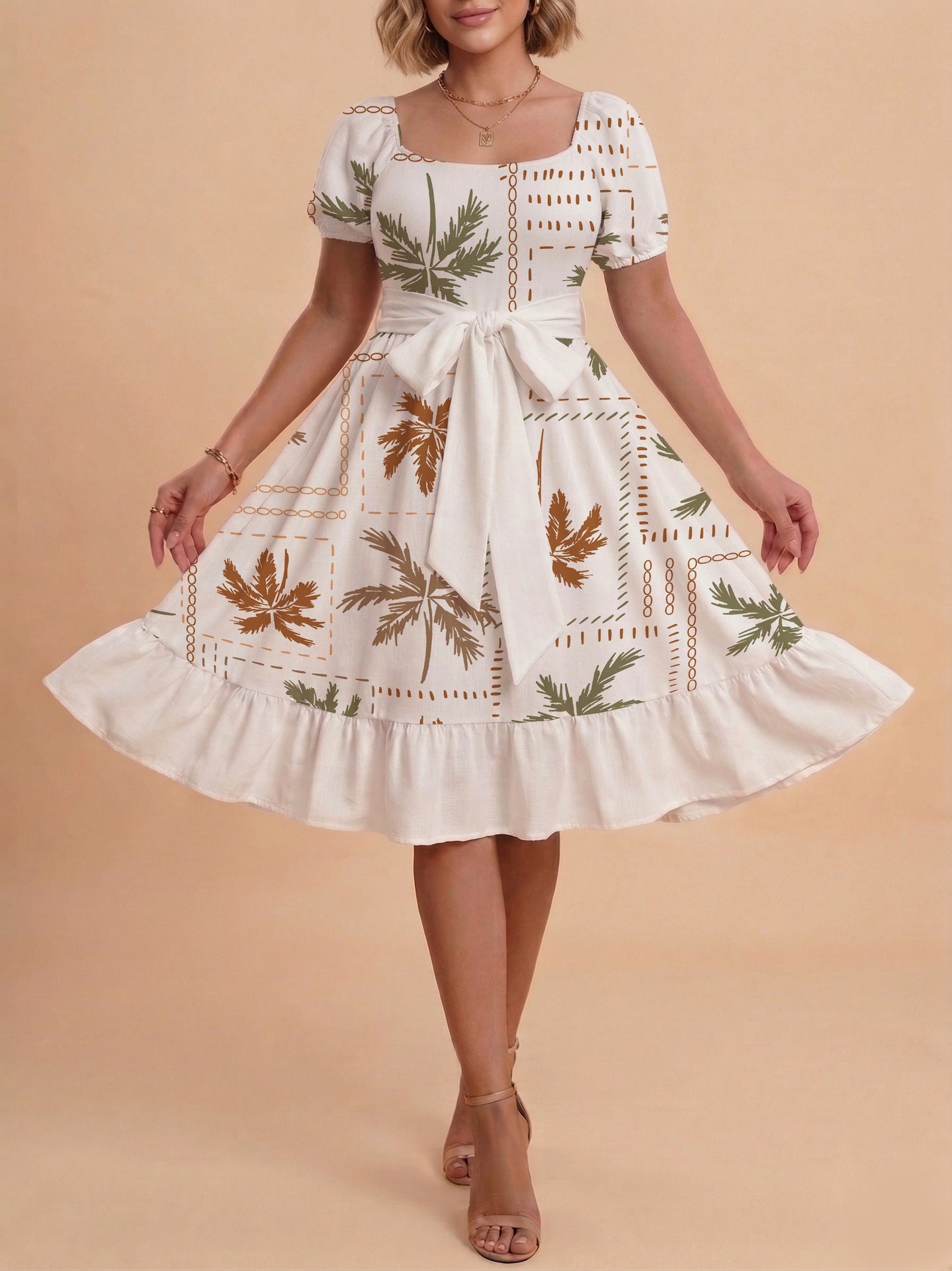 Damen Sommerliches Blumenkleid mit taillierbarem Gürtel und voluminösen Ärmeln
