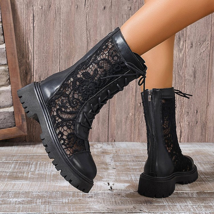 Damen Schnürstiefel mit Spitzeneinsätzen, robuster Profilsohle und Lederoptik Shop Nory