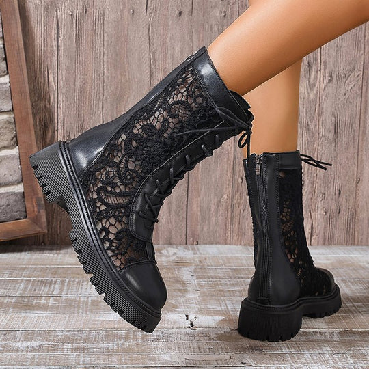 Damen Schnürstiefel mit Spitzeneinsätzen, robuster Profilsohle und Lederoptik Shop Nory