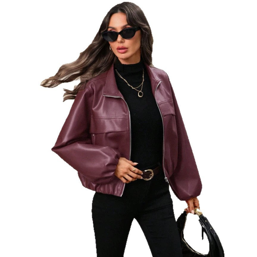 Damen Trendige cropped Kunstlederjacke