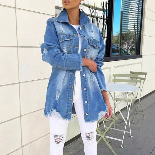 Damen Oversize-Jeansjacke mit Destroyed-Details, Fransensaum und verdeckter Knopfleiste Shop Nory
