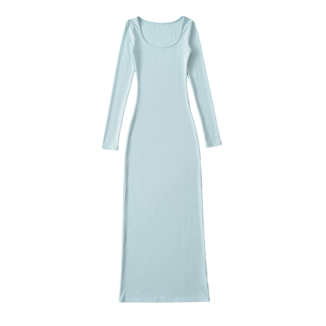 Damen Figurnahes geripptes Midikleid mit weitem Rundhalsausschnitt und langen Ärmeln Shop Nory