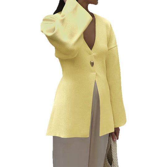 Damen nan taillierter Feinstrick-Cardigan mit V-Ausschnitt, Zierknopf und frontaler Schlitz Shop Nory