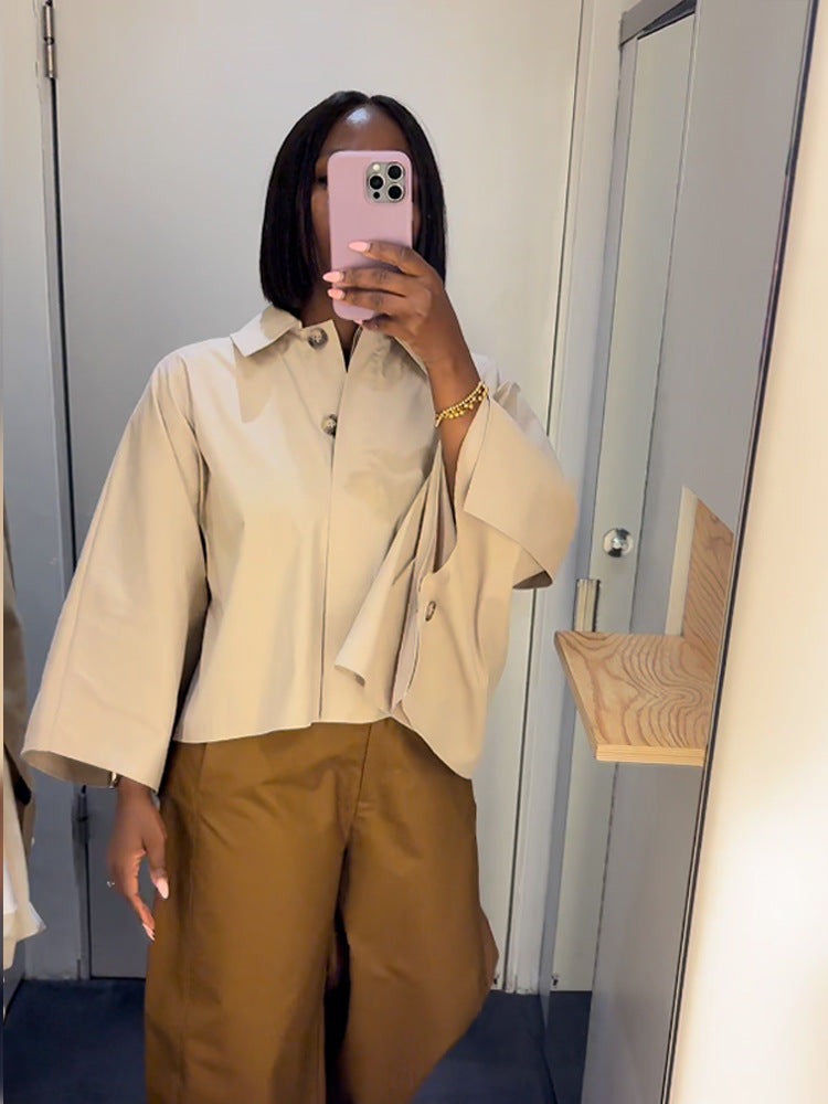 Damen kastige Cropped-Hemdbluse mit weitem Fledermausärmel und feiner Kellerfalte Shop Nory