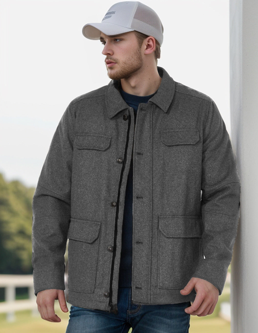 Herren Wollmix-Fieldjacke mit Pattentaschen, durchgehender Knopfleiste und Hemdkragen Shop Nory