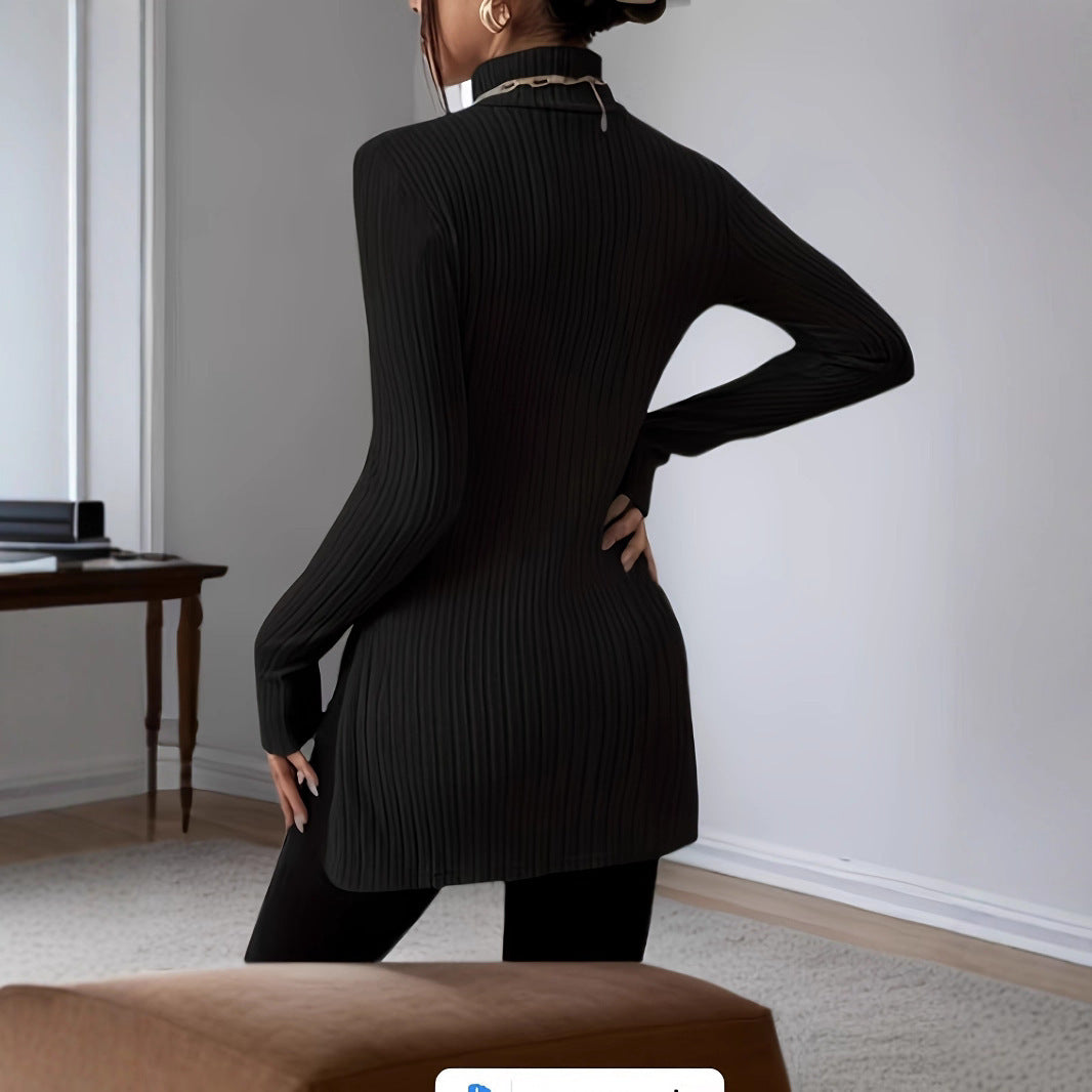 Damen Gerippte Longline-Tunika mit Stehkragen, ausgestellten Ärmeln und Seitenschlitzen Shop Nory