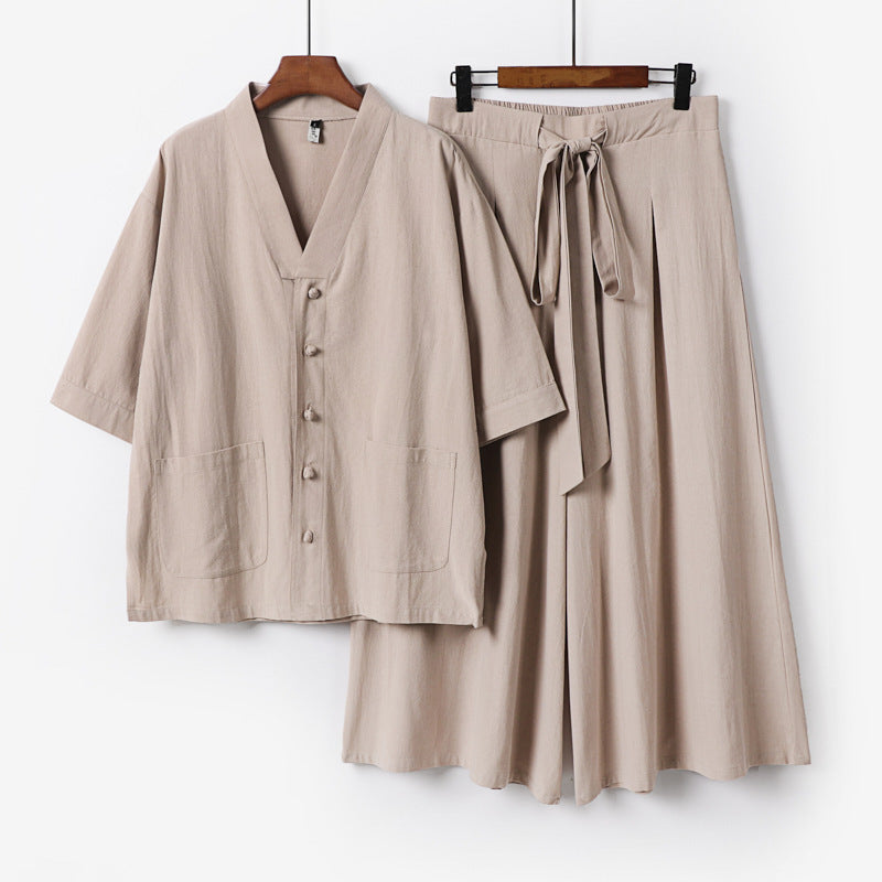 Damen Zweiteiliges Kimono-Lounge-Set mit Kurzarm-Knopfjacke, aufgesetzten Taschen und weiten Palazzo-Hosen Shop Nory
