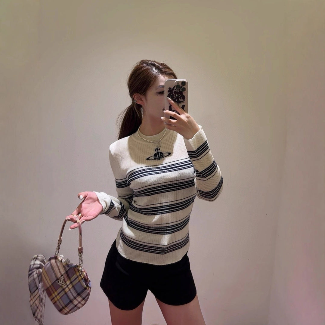 Damen Modischer Rippstrickpullover mit Streifen Shop Nory