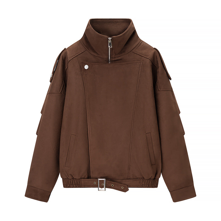 Damen Oversize-Bomberjacke im Velourslook mit hohem Stehkragen und Taillengürtel Shop Nory