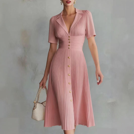 Damen Plissiertes Midikleid mit Reverskragen, tailliertem Raffung-Bund und Zierknöpfen Shop Nory