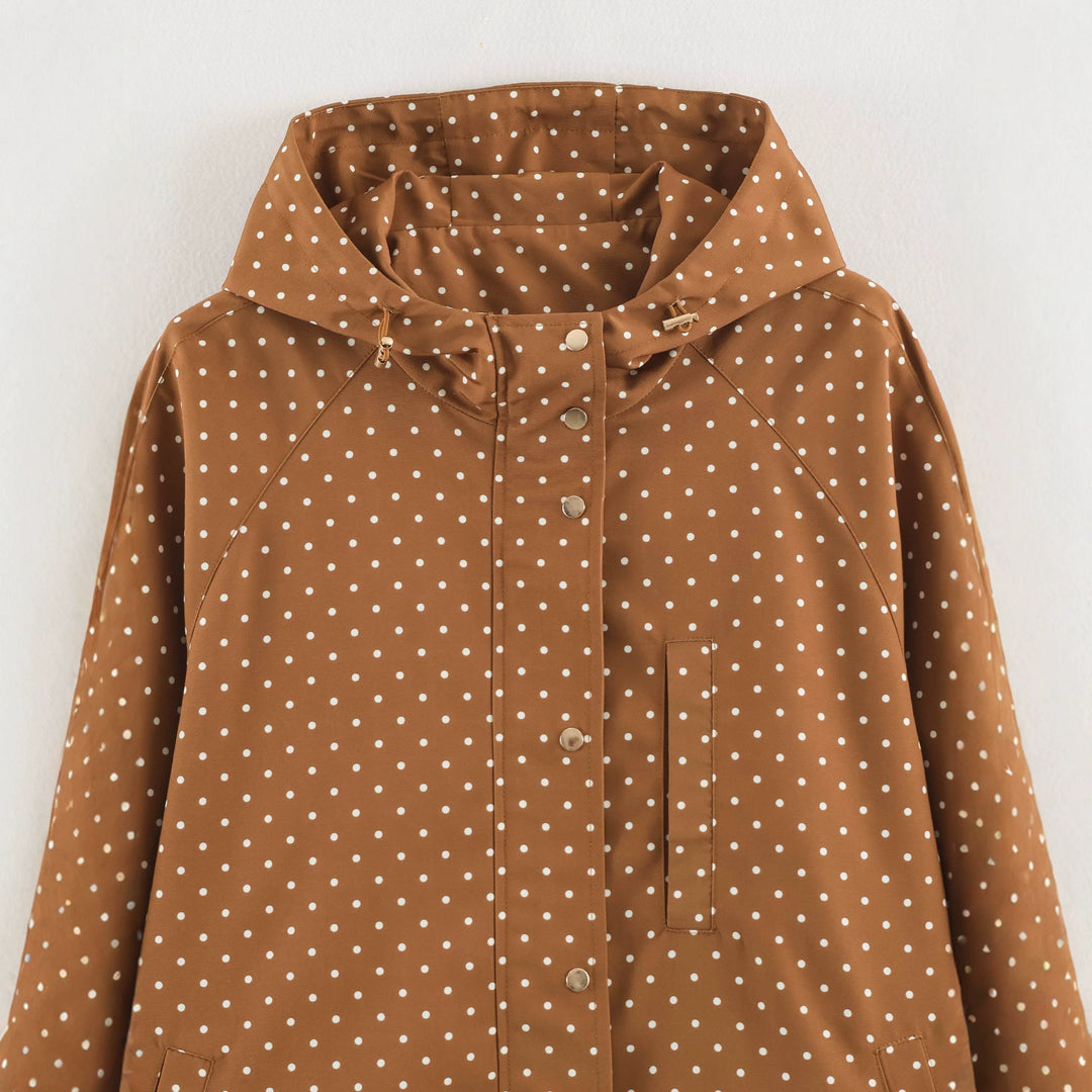 Damen Leichte wasserabweisende Kapuzenjacke mit Tupfenmuster und Druckknopfleiste Shop Nory