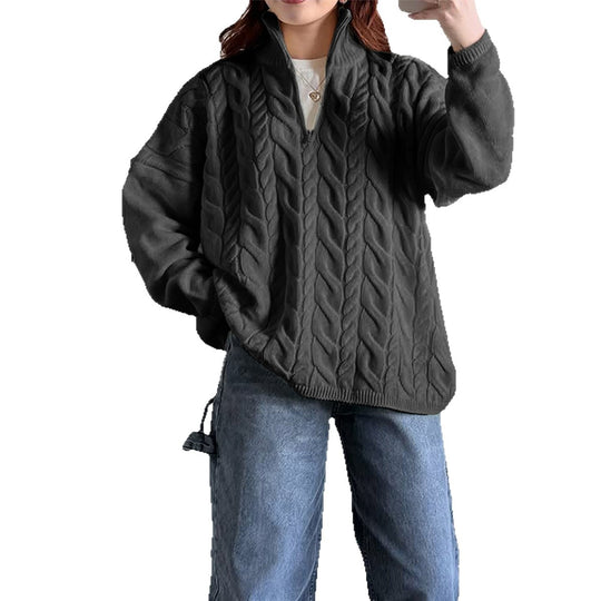 Damen nan oversized Zopfmuster-Troyer mit halbem Reißverschluss, hohem Stehkragen und gerundetem Saum Shop Nory