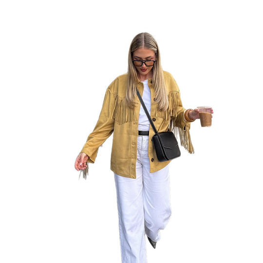 Damen Oversize Fransenjacke im Westernstil aus Veloursleder-Optik mit Hemdkragen Shop Nory